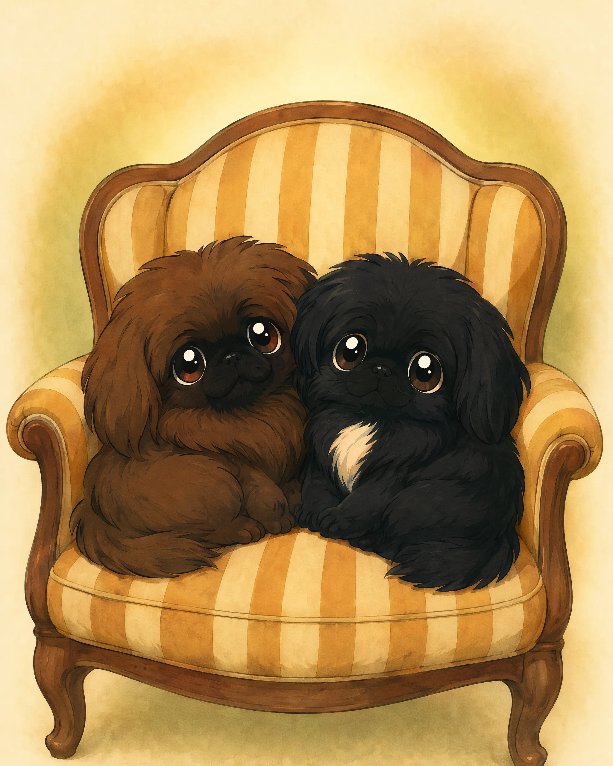Missy and Muffin, the DogDogHK mascots, sitting together in a striped vintage armchair in Hong Kong