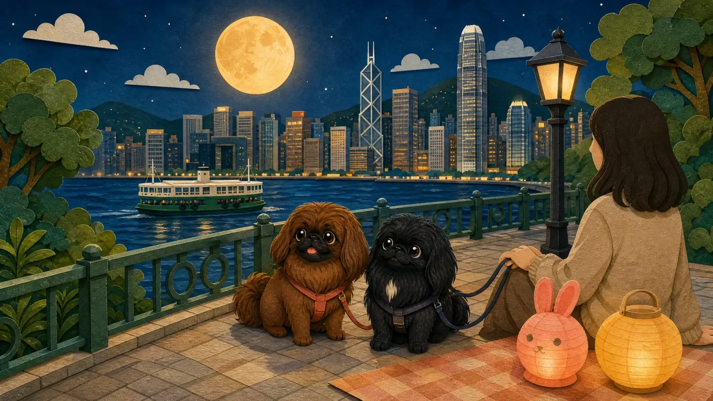 剪紙風插畫:Missy 和 Muffin 戴着牽繩在燈籠旁賞月,背後是渡輪及香港海港夜景