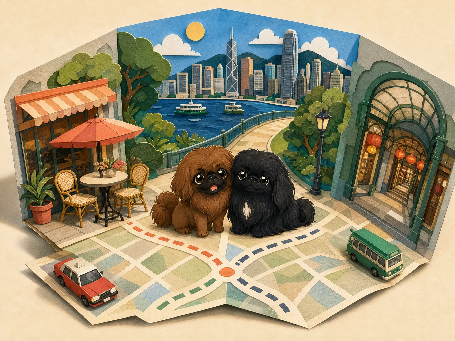 Missy 同 Muffin 企喺香港摺疊地圖中央,旁邊有 café、海濱公園同有蓋商場入口