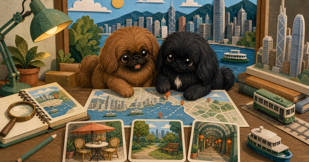 Missy 和 Muffin 看着香港地圖,背後有渡輪及維港天際線的插畫